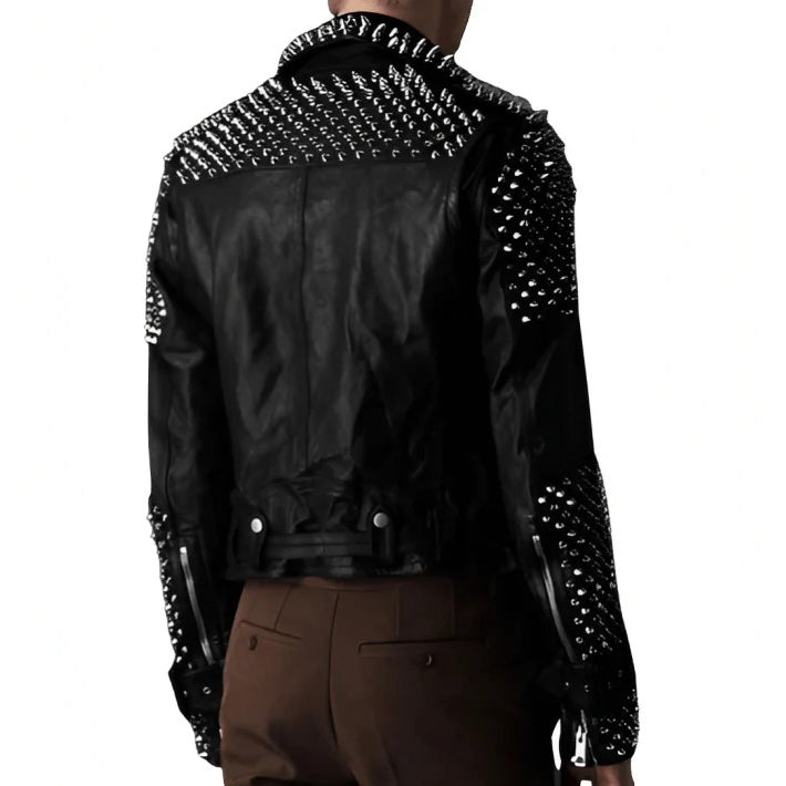 Men's Black Leather Biker Jacket with Studs