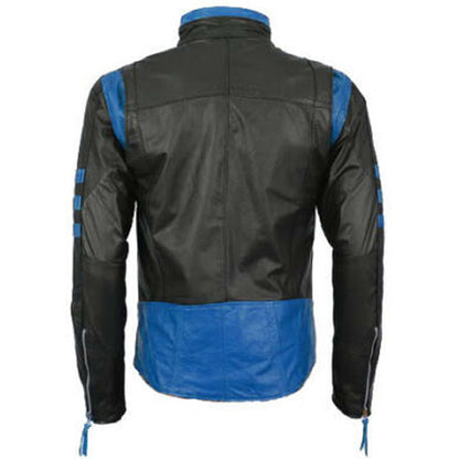 Men's Black Leather Motorcycle Racing Jacket with Blue Stripes