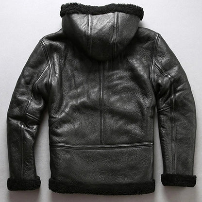 Men's Black Shearling Sheepskin Fur Hooded Coat