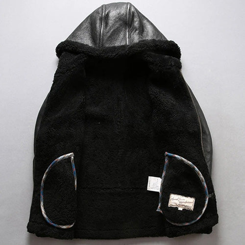 Men's Black Shearling Sheepskin Fur Hooded Coat