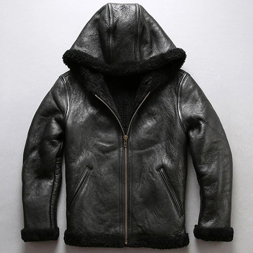 Men's Black Shearling Sheepskin Fur Hooded Coat