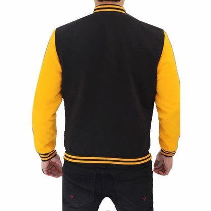Men's Black and Yellow Varsity Jacket with Baseball Style