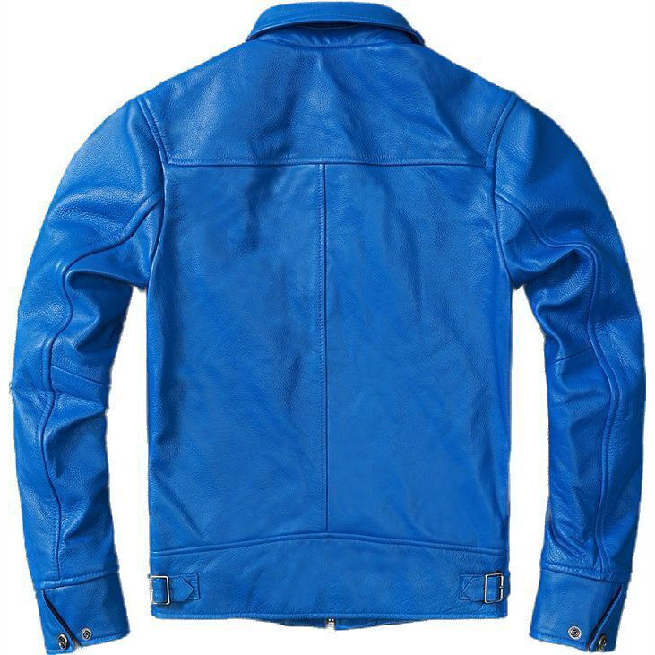 Mens Blue Trucker Style Motorcycle Cafe Racer Jacket