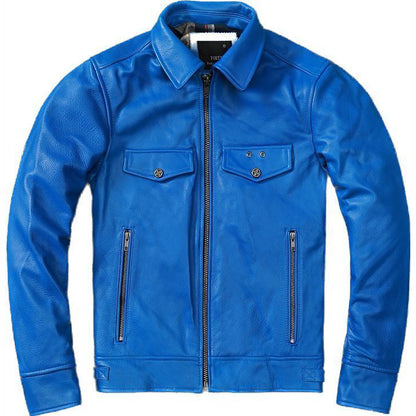 Mens Blue Trucker Style Motorcycle Cafe Racer Jacket