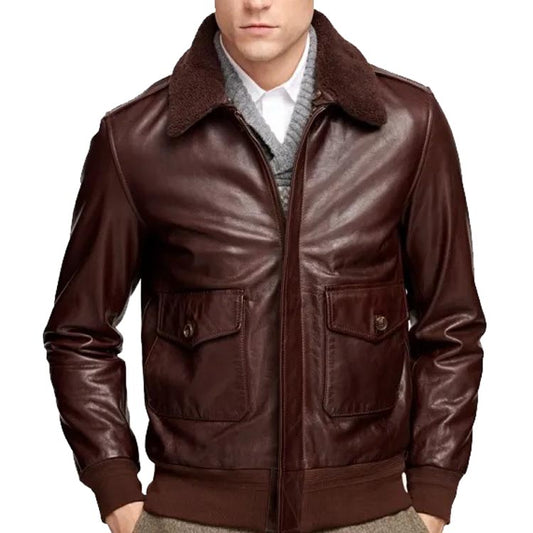 Men's Brown Leather Bomber Jacket with Detachable Fur Collar