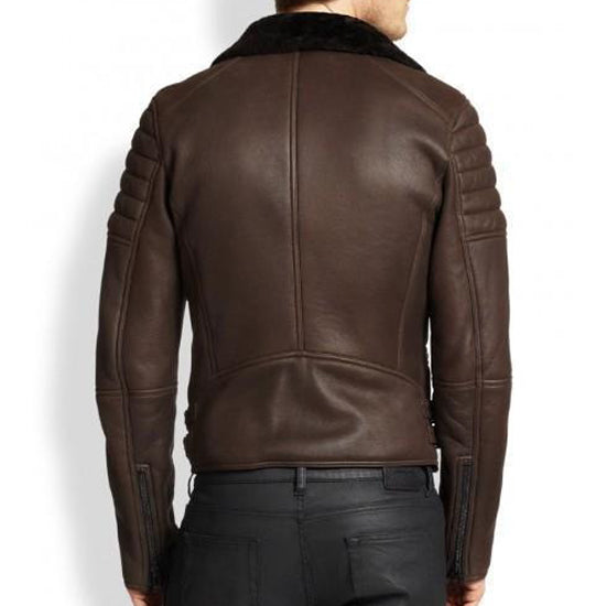 Men's Cafe Racer Brown Sheepskin Leather Black Fur Shearling Jacket