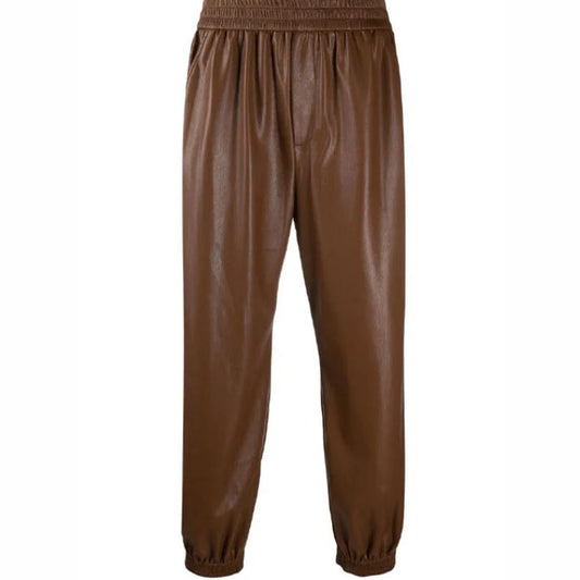 Men's Dark Brown Leather Pant With Rib Knit Ankles