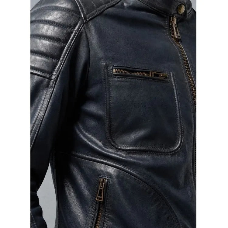 Men's Deep Navy Leather Moto Jacket with a Modern Quilted Design