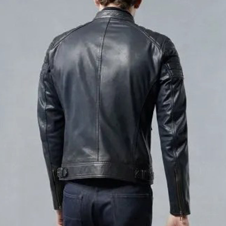 Men's Deep Navy Leather Moto Jacket with a Modern Quilted Design