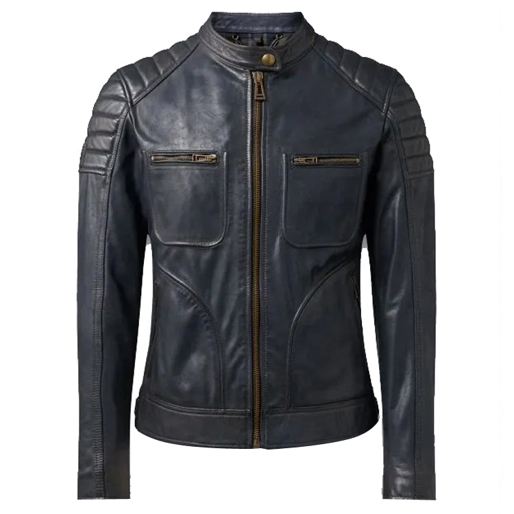 Men's Deep Navy Leather Moto Jacket with a Modern Quilted Design