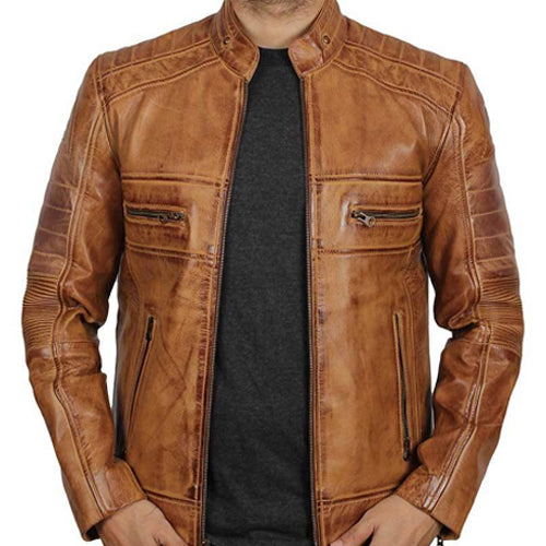 Men's Distressed Tan Brown Cafe Racer Jacket with Stand Collar