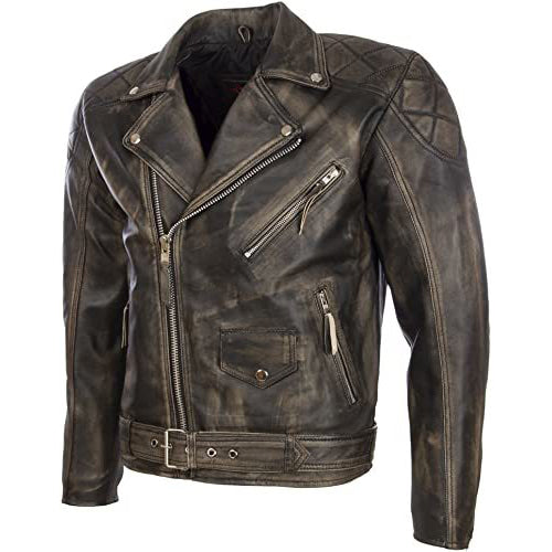 Men's Genuine Leather Belted Biker Jacket in Vintage Style