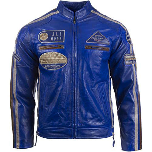 Men's Genuine Leather Biker Jacket with Patches