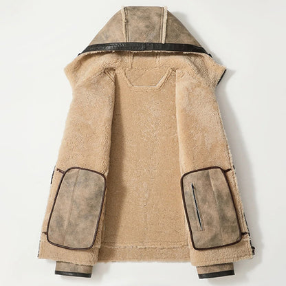Men's Hooded Casual Sheepskin Shearling Fur Jacket