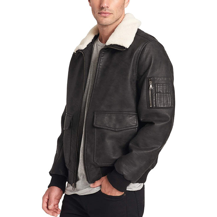 Men's Leather Sherpa Collar Aviator Bomber Jacket