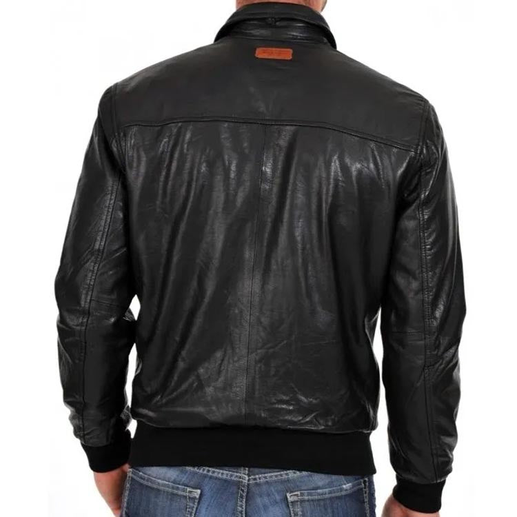 Men's Lightweight Black Leather Bomber Jacket with Zipper