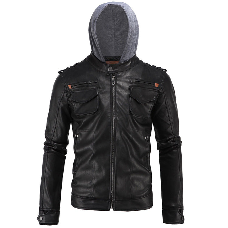 Men's Motorcycle Brando Style Biker Leather Jacket with Hood
