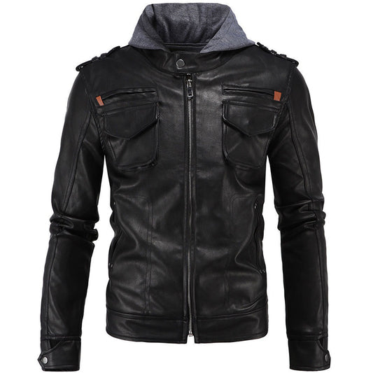 Men's Motorcycle Brando Style Biker Leather Jacket with Hood