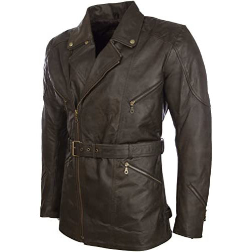 Men's Real Cowhide Leather Belted Motorbike Coat