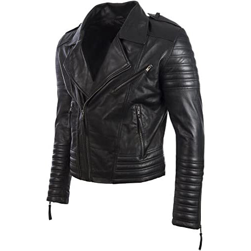 Men’s Real Leather Asymmetric Zip Fashion Biker Jacket