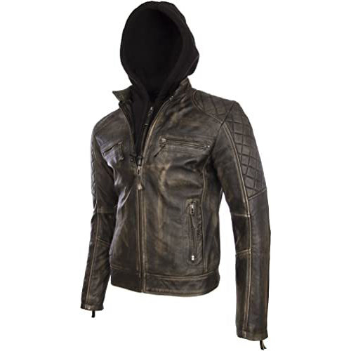 Men's Real Leather Vintage Biker Jacket with Removable Hood