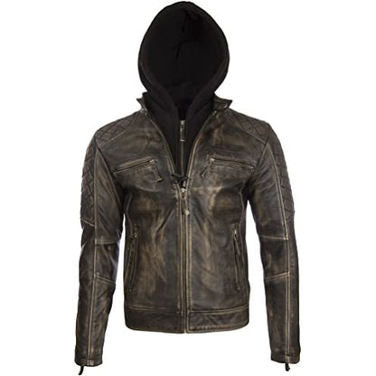 Men's Real Leather Vintage Biker Jacket with Removable Hood