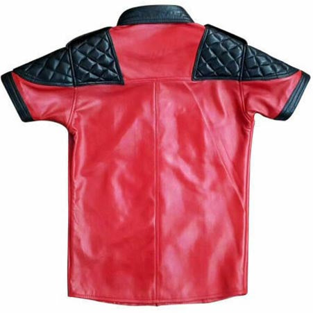 Men's Red Lambskin Leather Police Shirt with Padded