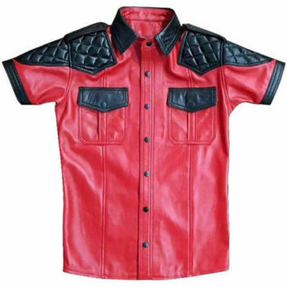 Men's Red Lambskin Leather Police Shirt with Padded