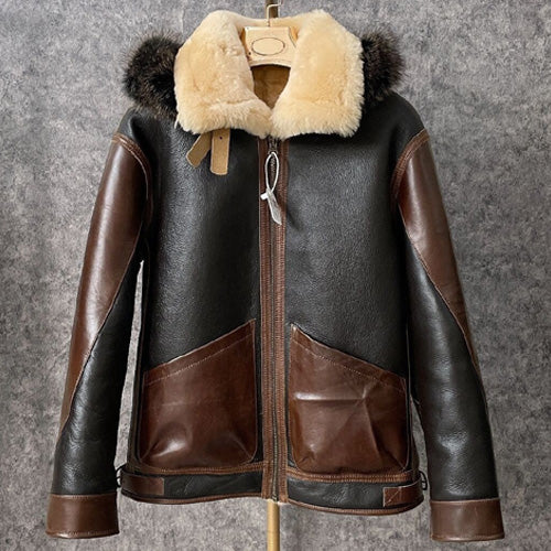 Men's Sheepskin Leather Hooded Motorcycle Flight Winter Coat