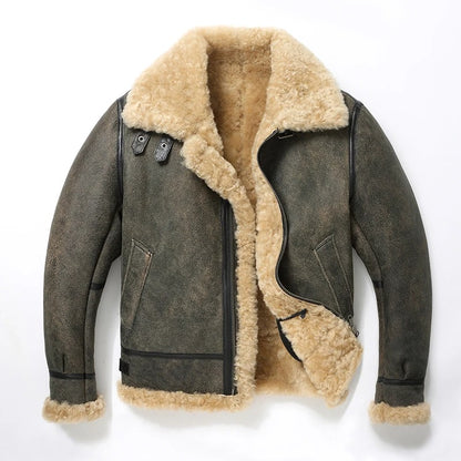 Men's Sherpa Sheepskin Leather Motorcycle Jacket Winter Coat