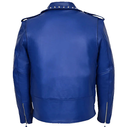 Men's Studded Blue Leather Biker Jacket