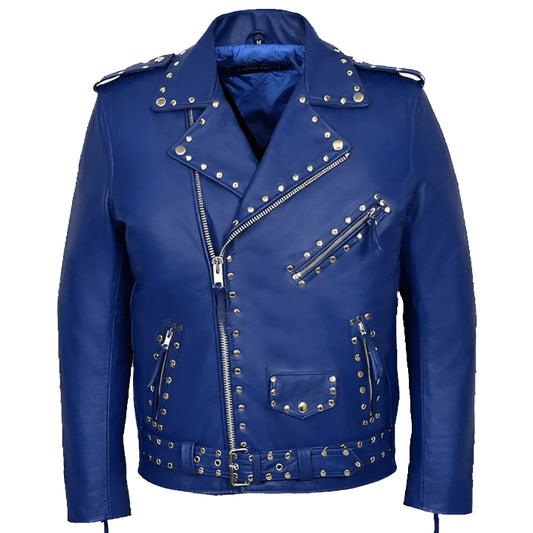 Men's Studded Blue Leather Biker Jacket