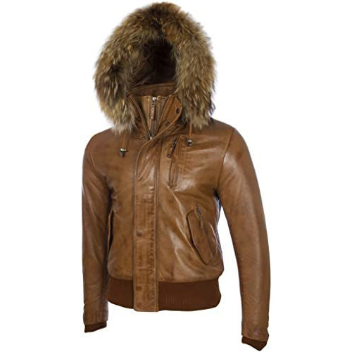 Men's Tan Brown Leather Biker Jacket with Removable Hood
