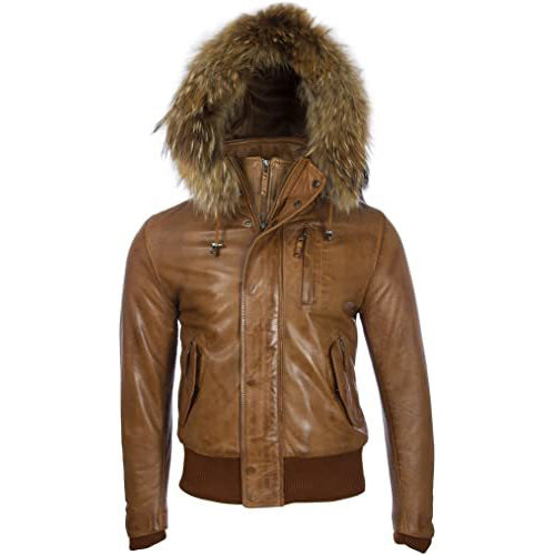 Men's Tan Brown Leather Biker Jacket with Removable Hood