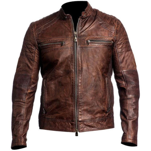 Men's Vintage Brown Cafe Racer Genuine Leather Biker Jacket