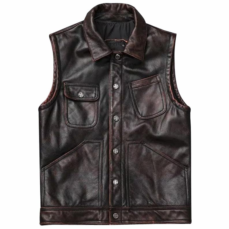 Men's Vintage Brown Motorcycle Leather Vest