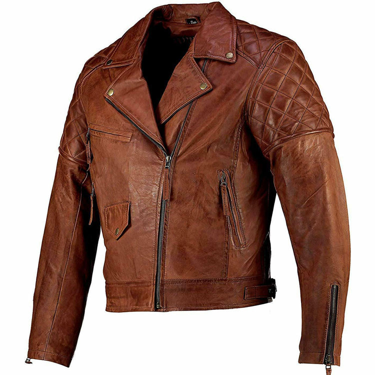 Men's Vintage Distressed Brown Leather Cafe Racer Jacket
