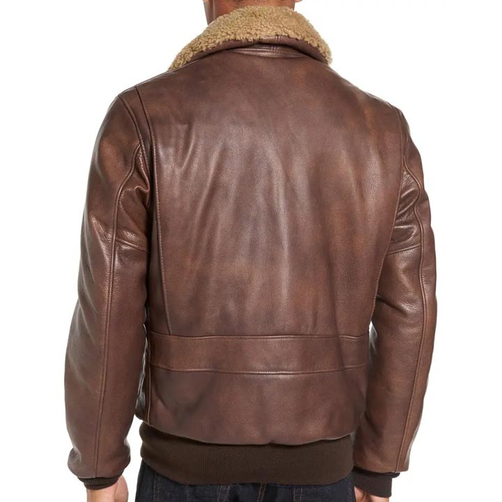 Mens Vintage Leather Bomber Jacket with Shearling Collar