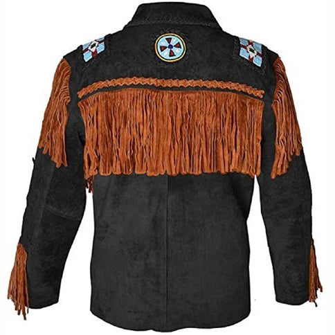 Men's Western Black Leather Jacket with Fringe