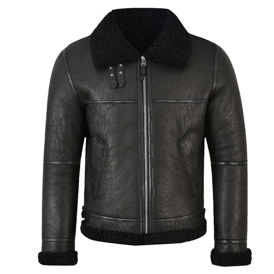 Mens Shearling Aviator Bomber Black Leather Jacket