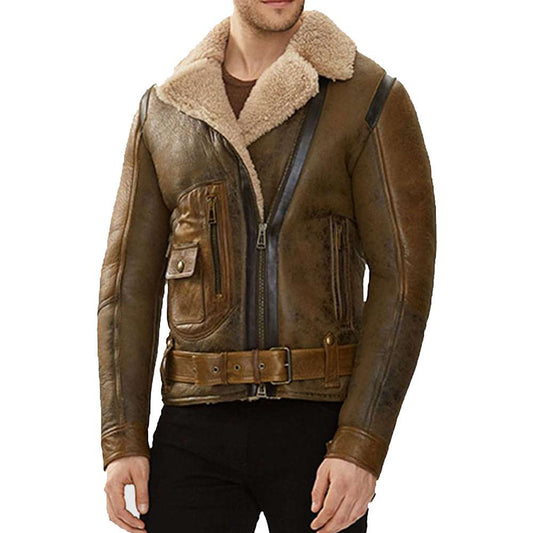 Mens Shearling Aviator Dark Brown Bomber Pilot Leather Jacket