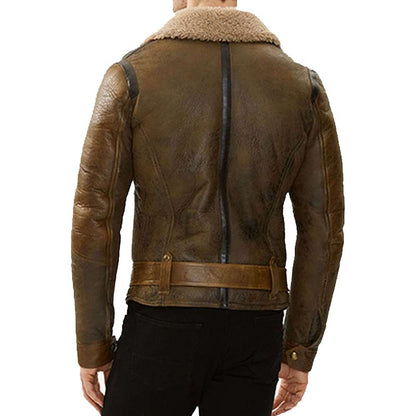 Mens Shearling Aviator Dark Brown Bomber Pilot Leather Jacket