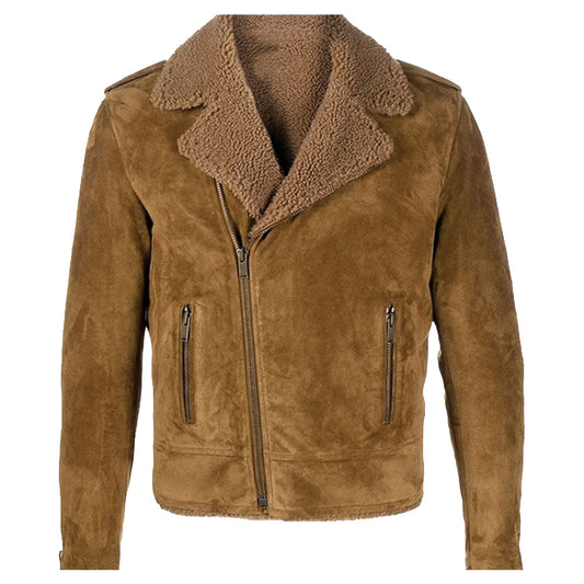 Men Shearling Suede Bomber Leather Jacket