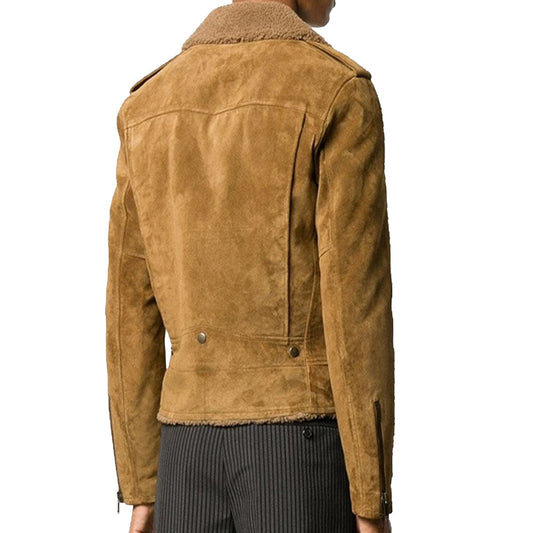 Men Shearling Suede Bomber Leather Jacket