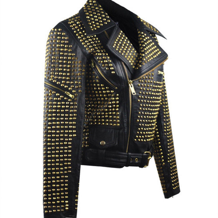 Men's Vintage Club Style Black Golden Studded Brando Biker Belted Leather Jacket