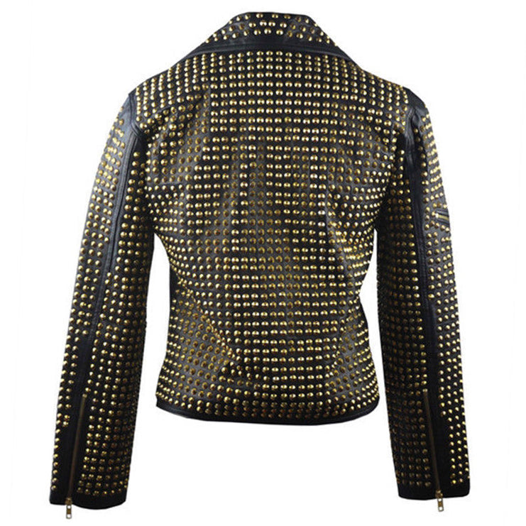 Men's Vintage Club Style Black Golden Studded Brando Biker Belted Leather Jacket