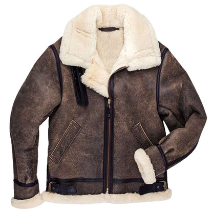 Mens Vintage Brown Distressed Shearling Bomber Leather Jacket