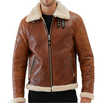 Mens Vintage Tan Aviator Shearling Bomber Leather Jacket