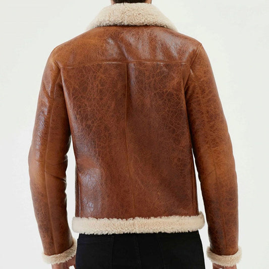 Mens Vintage Tan Aviator Shearling Bomber Leather Jacket