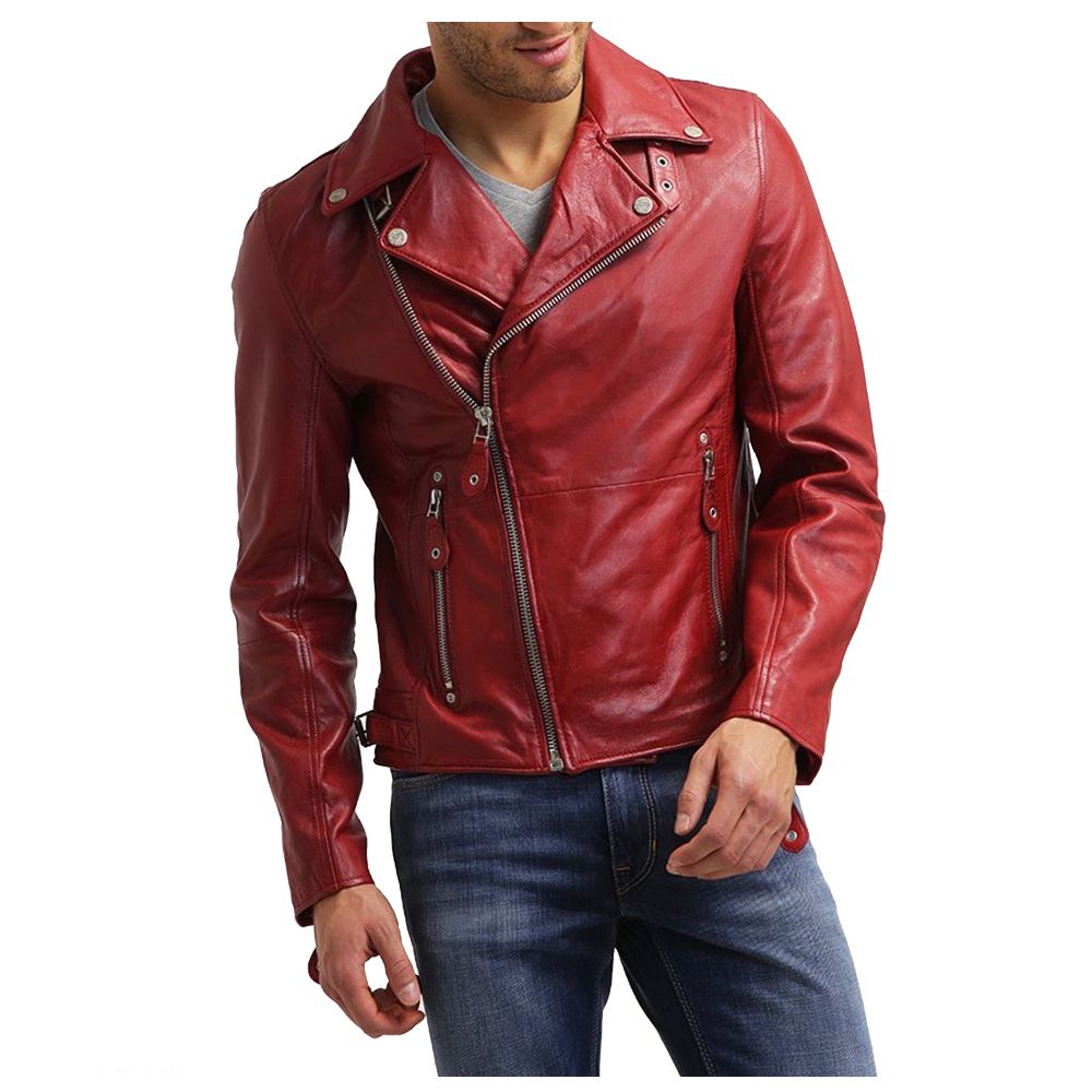 Mens Genuine Lambskin Red Biker Leather Jacket